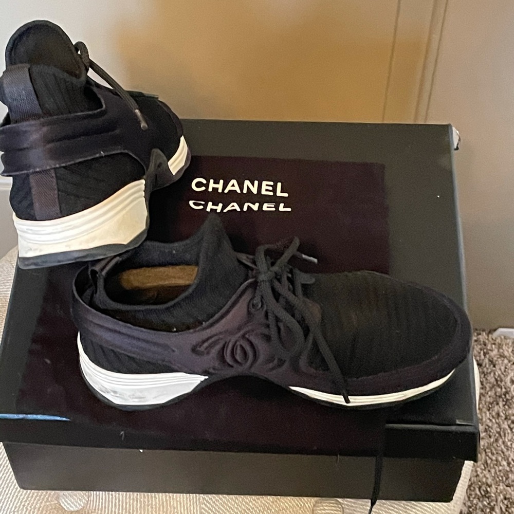 Chanel Black Stretch Fabric and Satin Sneakers - Picture 5 of 10